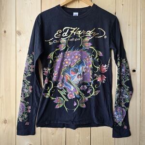 Christian Audigier Ed Hardy Long Sleeve Black Skull Floral Print Shirt Mens S
